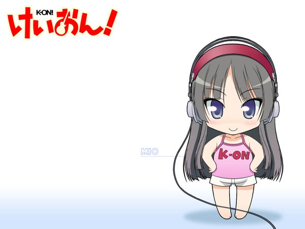 Anime picture 1600x1200 with k-on! kyoto animation akiyama mio kikujin single long hair looking at viewer blue eyes black hair simple background standing white background full body barefoot copyright name character names chibi hands on hips girl headphones
