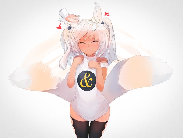 Anime picture 2176x1643 with original ehrrr single long hair blush highres simple background twintails bare shoulders animal ears white hair tail eyes closed animal tail hair flower zettai ryouiki fox ears gradient background dark skin fox tail