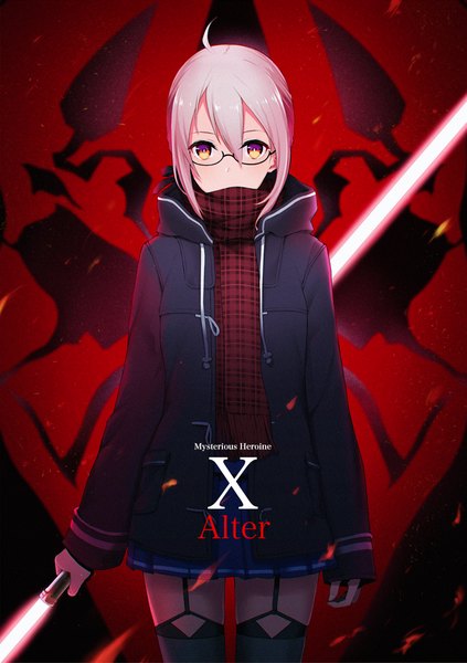 Anime picture 798x1131 with fate (series) fate/grand order star wars artoria pendragon (all) mysterious heroine x (alter) (fate) mysterious heroine x alter (first ascension) (fate) darth maul deca purio single tall image looking at viewer fringe short hair hair between eyes standing yellow eyes silver hair ahoge pleated skirt character names