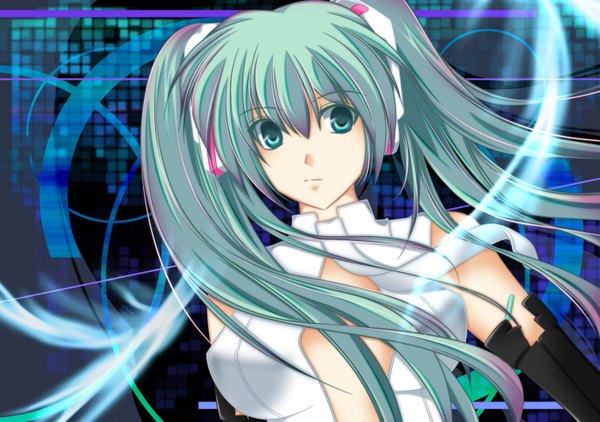 Anime picture 1500x1057 with vocaloid vocaloid append hatsune miku hatsune miku (append) twintails green eyes green hair girl headphones