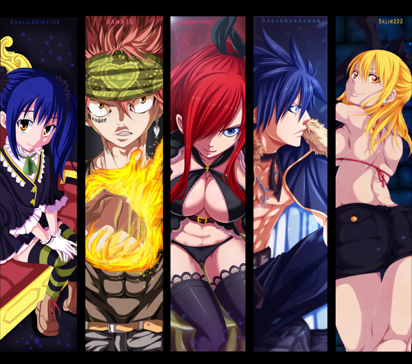 Anime picture 1996x1764 with fairy tail lucy heartfilia erza scarlet natsu dragneel gray fullbuster wendy marvell salim202 iitheluciferii designerrenan khalilxpirates sama15 long hair fringe highres short hair blue eyes light erotic blonde hair smile twintails