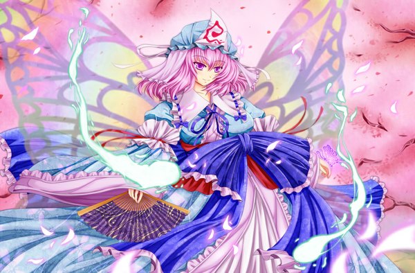 Anime picture 1072x705 with touhou saigyouji yuyuko iyuuki (artist) purple eyes pink hair insect wings butterfly wings girl hat fan