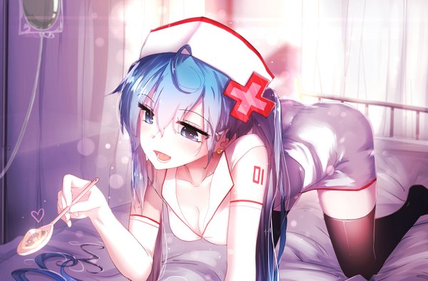 Anime picture 1500x986 with vocaloid hatsune miku qys3 single breasts open mouth light erotic blue hair looking away cleavage ahoge very long hair tattoo no shoes zettai ryouiki cleavage cutout on all fours nurse girl thighhighs