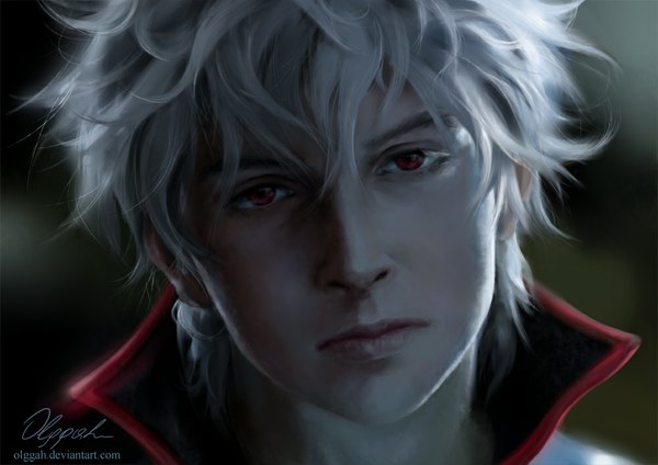 Anime picture 1000x707 with gintama sunrise (studio) sakata gintoki olggah single looking at viewer short hair red eyes signed grey hair realistic portrait close-up face boy
