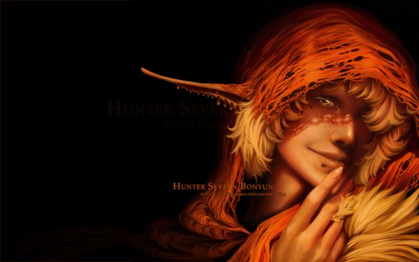 Anime picture 1680x1050 with original lone momo (artist) blonde hair wide image yellow eyes fingernails realistic piercing black background elf long fingernails 3d girl ear-ring