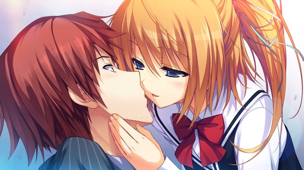 Anime picture 2560x1440 with reminiscence kizuna (reminiscence) tomose shunsaku long hair highres short hair blue eyes blonde hair wide image game cg ponytail red hair couple almost kiss girl boy