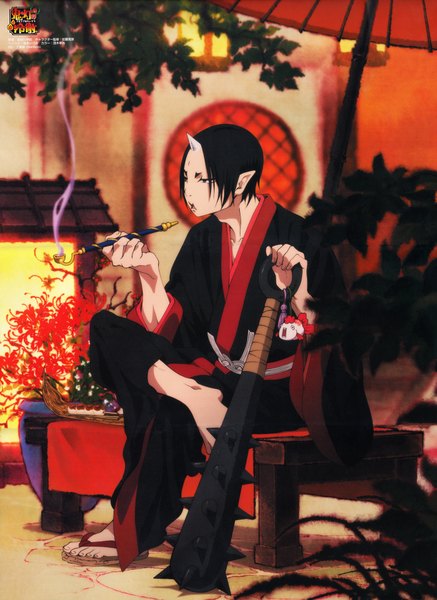 Anime picture 2784x3815 with hoozuki no reitetsu wit studio hoozuki (hoozuki no reitetsu) tagme (artist) tall image highres short hair open mouth black hair traditional clothes japanese clothes horn (horns) pointy ears scan official art smoking boy flower (flowers) weapon leaf (leaves)
