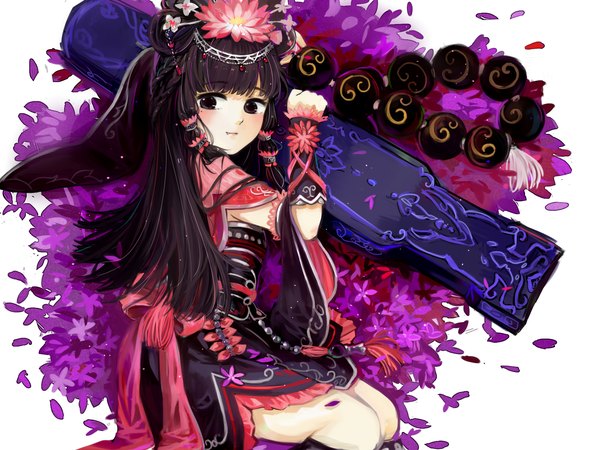Anime picture 1600x1200 with original meng qi single long hair looking at viewer black hair traditional clothes black eyes girl hair ornament flower (flowers) petals