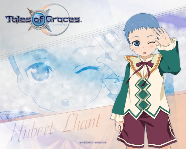 Anime picture 1280x1024 with tales of graces hubert ozwell blush short hair open mouth blue eyes blue hair one eye closed wink inscription ribbon (ribbons) child (children)