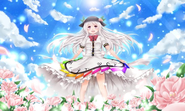 Anime picture 1500x900 with touhou hinanawi tenshi single long hair blush open mouth red eyes wide image sky cloud (clouds) white hair girl dress flower (flowers) hat petals
