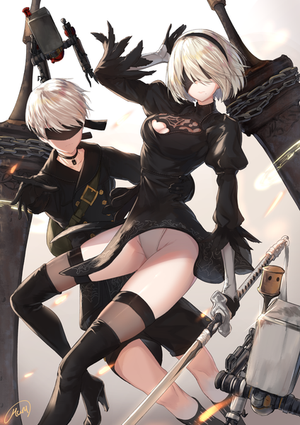 Anime picture 1447x2046 with nier nier:automata yorha no. 2 type b yorha no. 9 type s ato (haru ato) tall image short hair light erotic signed bent knee (knees) white hair mole pantyshot hug outstretched arm hand on head mole under mouth blindfold girl thighhighs