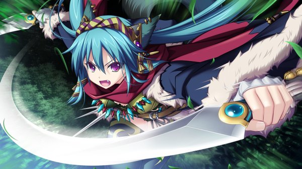 Anime picture 1280x720 with kami no rhapsody eushully nekoru (kami no rhapsody) yakuri single long hair open mouth hair between eyes wide image twintails purple eyes animal ears game cg from above aqua hair fang (fangs) spread arms attack girl weapon