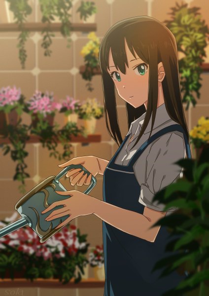 Anime picture 868x1228 with idolmaster idolmaster cinderella girls shibuya rin ciero single long hair tall image looking at viewer fringe brown hair standing holding aqua eyes light smile twisty sleeves girl flower (flowers) plant (plants) apron watering can