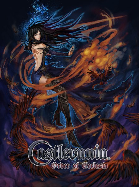 Anime picture 1280x1711 with castlevania konami shanoa long hair tall image blue eyes black hair tattoo back magic girl animal armor bird (birds) thigh boots crow