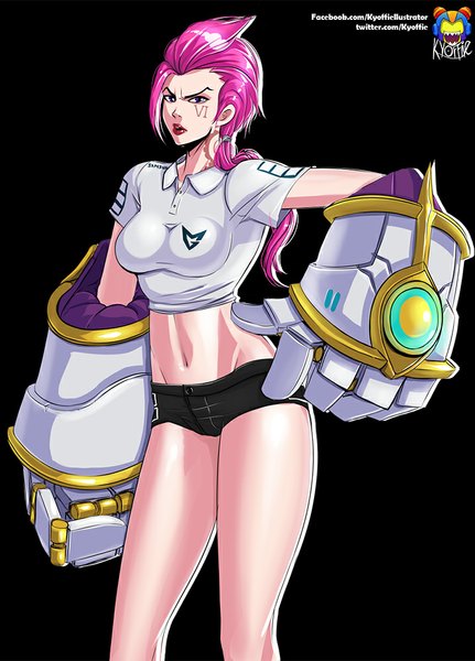 Anime picture 718x1000 with league of legends vi (league of legends) kyoffie12 single long hair tall image breasts light erotic simple background purple eyes pink hair lips midriff tattoo legs groin facial mark black background angry girl