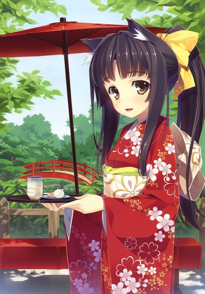 Anime picture 2304x3300 with original eshi 100-nin ten yuuki hagure single long hair tall image looking at viewer blush highres open mouth black hair smile standing brown eyes animal ears payot sky cloud (clouds) ponytail traditional clothes
