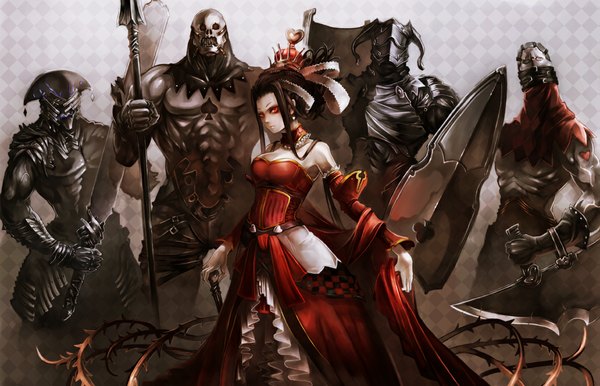 Anime picture 1165x750 with alice in wonderland queen of hearts suzuya akinori black hair red eyes pale skin girl dress weapon detached sleeves armor crown spear