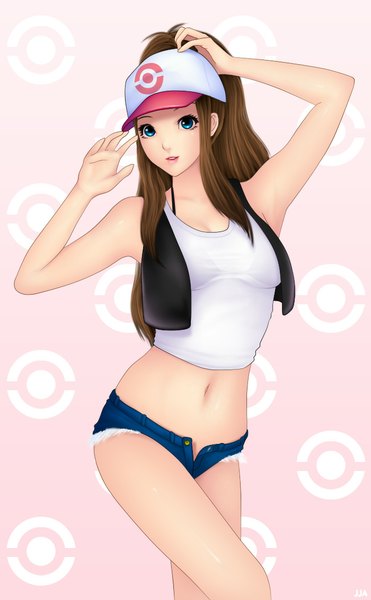 Anime picture 700x1130 with pokemon pokemon black and white nintendo hilda (pokemon) khalitzburg single long hair tall image looking at viewer blush open mouth blue eyes brown hair light smile bare belly midriff legs hand on head transparent crossed legs (standing)
