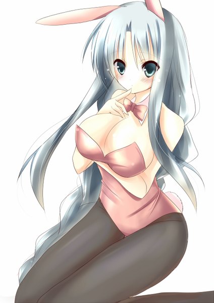 Anime picture 1059x1500 with touhou yagokoro eirin amane ruri single tall image blush breasts light erotic large breasts bare shoulders green eyes animal ears silver hair tail very long hair animal tail bunny ears finger to mouth bunny girl bunny tail