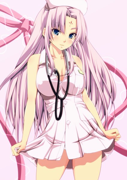 Anime picture 800x1131 with koihime musou doga kobo sonsaku amasora taichi single long hair tall image looking at viewer blush blue eyes light erotic bare shoulders pink hair nurse girl nurse cap stethoscope