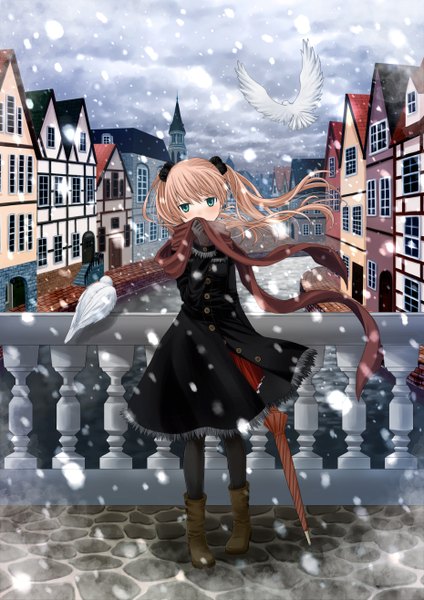 Anime picture 1860x2631 with original maou (pixiv2800097) tall image blush highres blonde hair twintails green eyes cloud (clouds) wind embarrassed snowing winter river closed umbrella girl dress gloves animal pantyhose