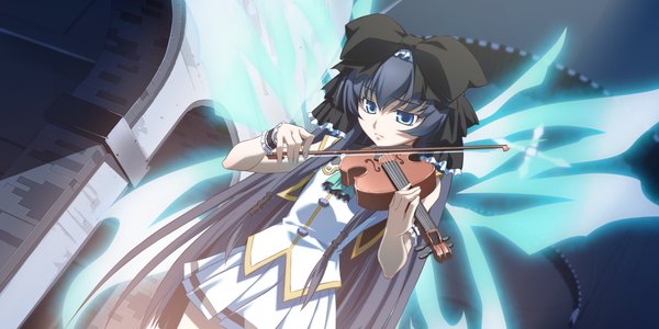 Anime picture 1200x600 with soranica ele (game) patelliere kaguya izumi mahiru blue eyes black hair wide image game cg very long hair girl wings violin bow (instrument)