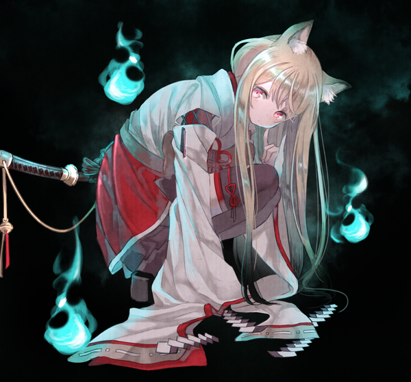 Anime picture 1000x931 with original oro ponzu single long hair looking at viewer fringe simple background blonde hair full body bent knee (knees) traditional clothes japanese clothes pink eyes leaning leaning forward black background squat sheathed nontraditional miko thighhighs