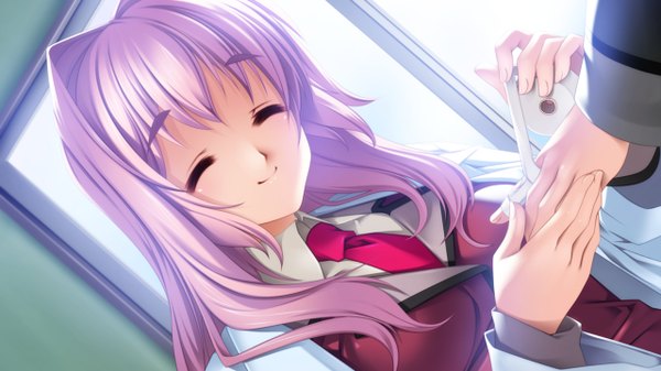 Anime picture 1280x720 with itoshii kanojo no mamorikata (game) morishita mifuyu senomoto hisashi long hair wide image pink hair game cg eyes closed girl serafuku