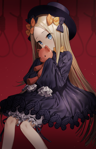 Anime picture 974x1505 with fate (series) fate/grand order abigail williams (fate) gambe single long hair tall image fringe blue eyes blonde hair sitting holding long sleeves loli looking down sleeves past wrists red background covered mouth polka dot lolita fashion