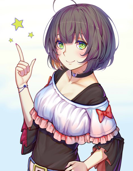 Anime picture 5200x6666 with original sonikey0 0 single tall image blush fringe highres short hair simple background smile brown hair green eyes absurdres upper body ahoge fingernails hand on hip gradient background looking up long fingernails