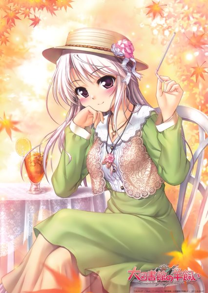 Anime picture 1236x1742 with daitoshokan no hitsujikai mochizuki maho bekkankou single long hair tall image looking at viewer blush smile sitting purple eyes white hair scan girl dress hat pendant leaf (leaves)