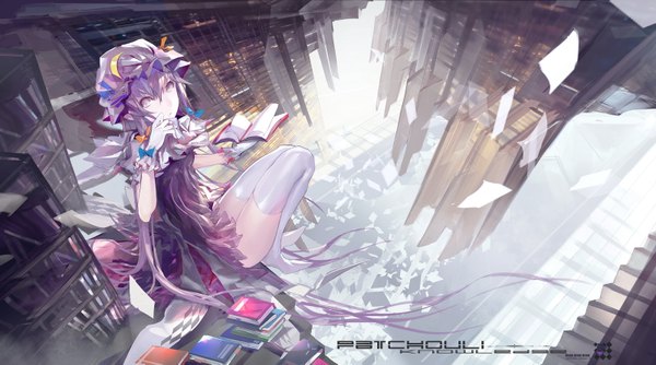 Anime picture 1600x891 with touhou patchouli knowledge kiwamu single long hair looking at viewer wide image sitting purple eyes purple hair upside down girl thighhighs gloves hat white thighhighs book (books) building (buildings) paper