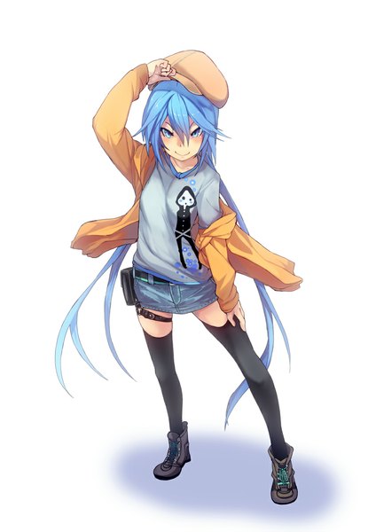Anime picture 827x1169 with original fu-ta single long hair tall image looking at viewer blush blue eyes simple background smile standing white background blue hair from above open clothes open jacket hand on hip lacing hat removed casual
