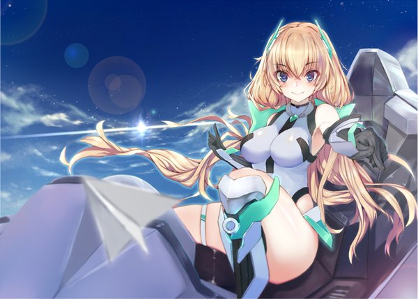 Anime picture 2031x1454 with expelled from paradise angela balzac ganida boushoku single looking at viewer blush fringe highres breasts blue eyes smile large breasts sitting twintails sky cloud (clouds) bent knee (knees) very long hair arm up sunlight