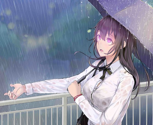 Anime picture 2200x1800 with original miyaura sanshio beifeng han single long hair highres breasts open mouth black hair large breasts purple eyes holding outdoors outstretched arm looking up rain wet clothes wet shirt girl shirt