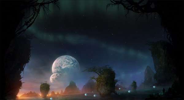 Anime picture 1700x930 with original blinck (artist) wide image night landscape rock aurora borealis plant (plants) tree (trees) star (stars) planet