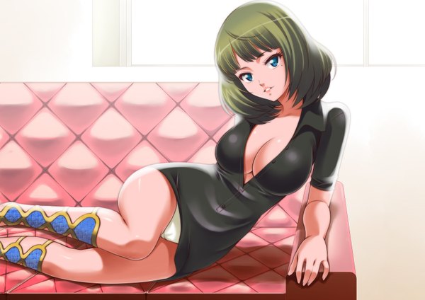 Anime picture 3035x2149 with idolmaster idolmaster cinderella girls takagaki kaede shirihime single looking at viewer highres short hair breasts blue eyes light erotic absurdres green hair mole pantyshot mole under eye girl couch t-shirt