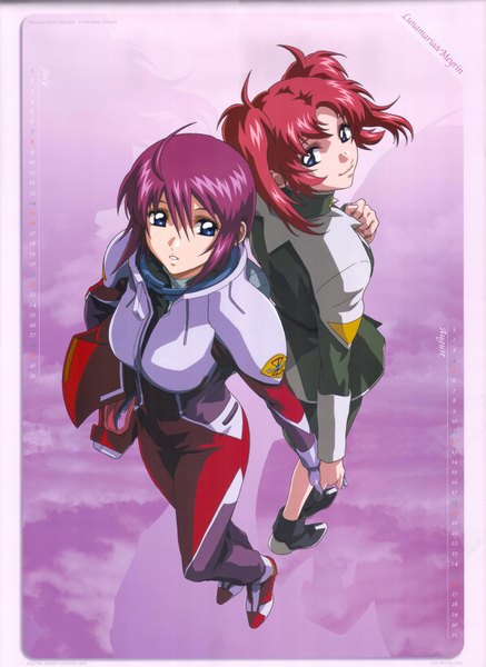 Anime picture 2500x3428 with gundam seed destiny lunamaria hawke meyrin hawke tall image highres short hair smile twintails multiple girls pink hair red hair looking back holding hands border short twintails back to back purple background girl uniform 2 girls