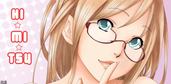 Anime picture 1627x800 with lchrno single long hair looking at viewer blonde hair wide image aqua eyes lips finger to mouth close-up face girl glasses