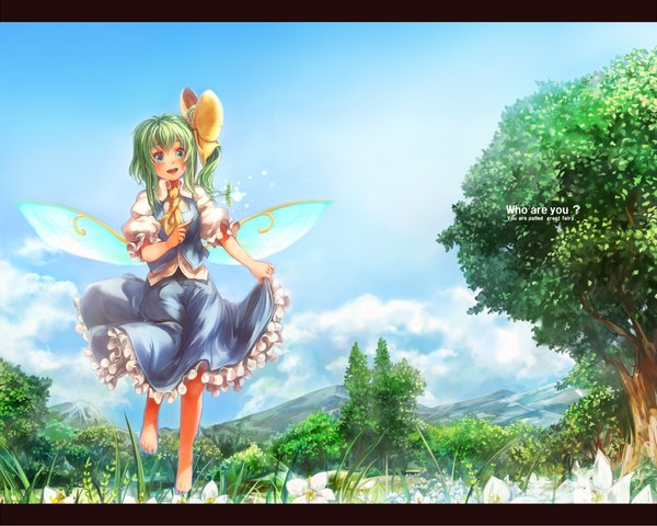 Anime picture 1250x1000 with touhou daiyousei sachito (artist) single blush short hair open mouth blue eyes sky cloud (clouds) barefoot green hair inscription one side up happy mountain girl flower (flowers) bow plant (plants)