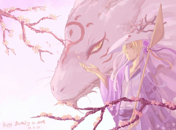 Anime picture 1100x815 with natsume yuujinchou brains base (studio) natsume takashi subaru-27 short hair blonde hair yellow eyes looking away traditional clothes japanese clothes horn (horns) pink background mask on head boy flower (flowers) ribbon (ribbons) hat animal petals kimono