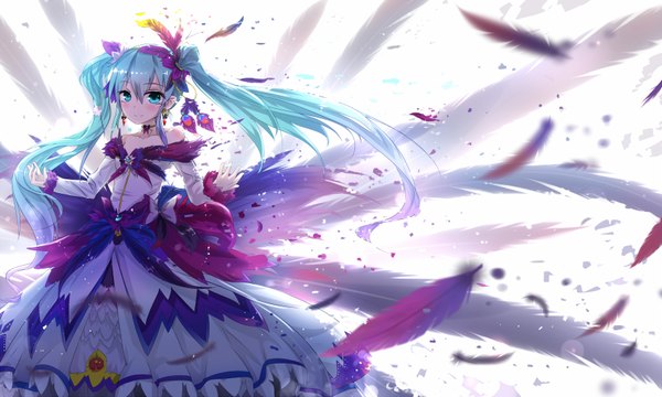 Anime picture 1700x1020 with vocaloid hatsune miku qys3 single looking at viewer blush wide image white background twintails very long hair aqua eyes aqua hair girl dress hair ornament wings feather (feathers)
