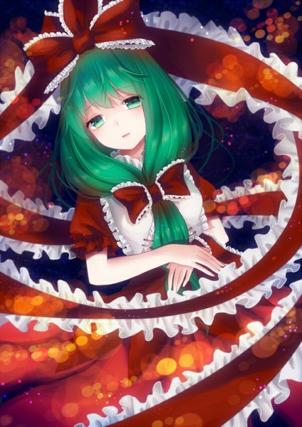 Anime picture 600x848 with touhou kagiyama hina nunucco single long hair tall image blush fringe green eyes looking away green hair girl dress ribbon (ribbons) hair ribbon