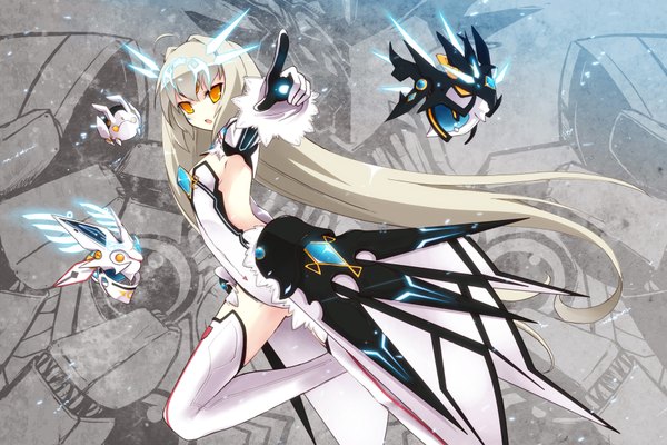 Anime picture 1800x1200 with elsword eve (elsword) uiu single highres yellow eyes silver hair very long hair sideboob pointing mecha musume girl thighhighs gloves white thighhighs leotard robot