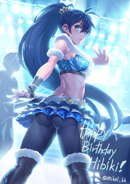 Anime picture 850x1200 with idolmaster ganaha hibiki mikel (4hands) single long hair tall image breasts open mouth blue eyes light erotic black hair ponytail looking back happy birthday girl skirt hair ornament miniskirt pantyhose boots