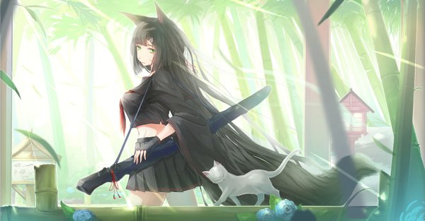 Anime picture 2684x1401 with original kikivi single looking at viewer highres breasts black hair smile wide image green eyes animal ears tail very long hair animal tail pleated skirt wind sunlight wide sleeves fox ears fox tail
