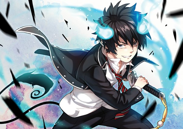 Anime picture 1000x707 with ao no exorcist a-1 pictures okumura rin masa ashe short hair blue eyes black hair tail wind pointy ears teeth fang (fangs) glowing boy uniform weapon school uniform sword necktie