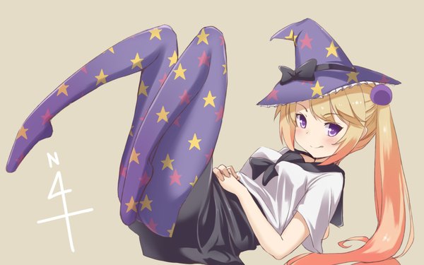 Anime picture 4092x2560 with kantai collection majokko (kantai collection) aoki minami (+box) single long hair looking at viewer blush highres simple background blonde hair purple eyes twintails absurdres full body ponytail lying on back no shoes legs star print