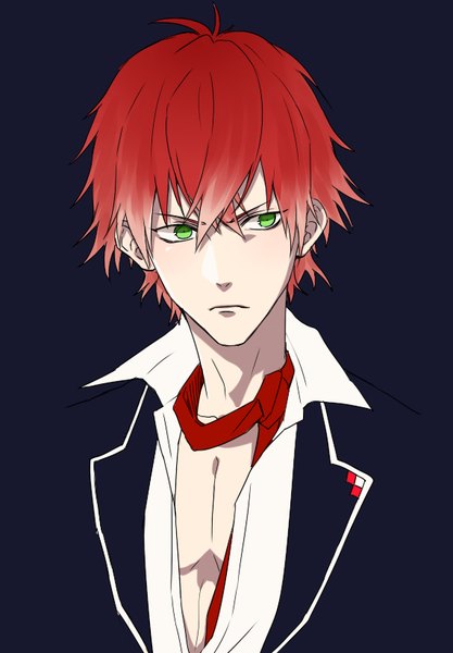 Anime picture 571x821 with diabolik lovers idea factory sakamaki ayato kuwa ayase single tall image fringe short hair simple background hair between eyes green eyes looking away upper body ahoge red hair dark background boy uniform school uniform