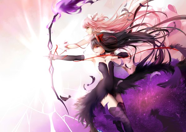 Anime picture 3507x2480 with mahou shoujo madoka magica shaft (studio) akemi homura kaname madoka goddess madoka akuma homura yomi yasou long hair highres black hair purple eyes multiple girls yellow eyes pink hair absurdres profile starry sky print space print girl thighhighs